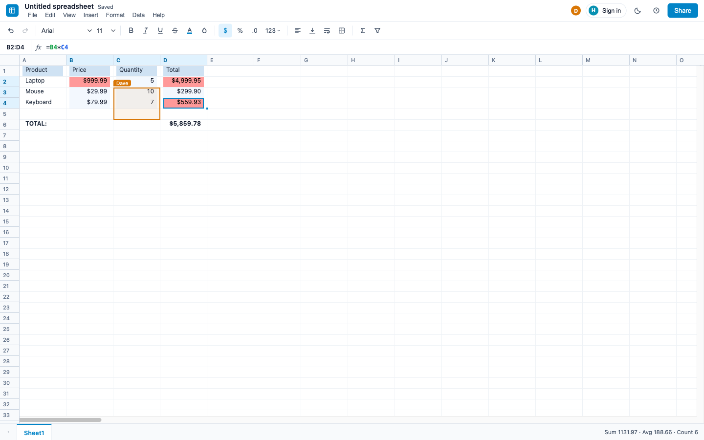 Two people editing the same sheet: coloured selection outlines with name labels on different cells, and avatars for both collaborators in the header.