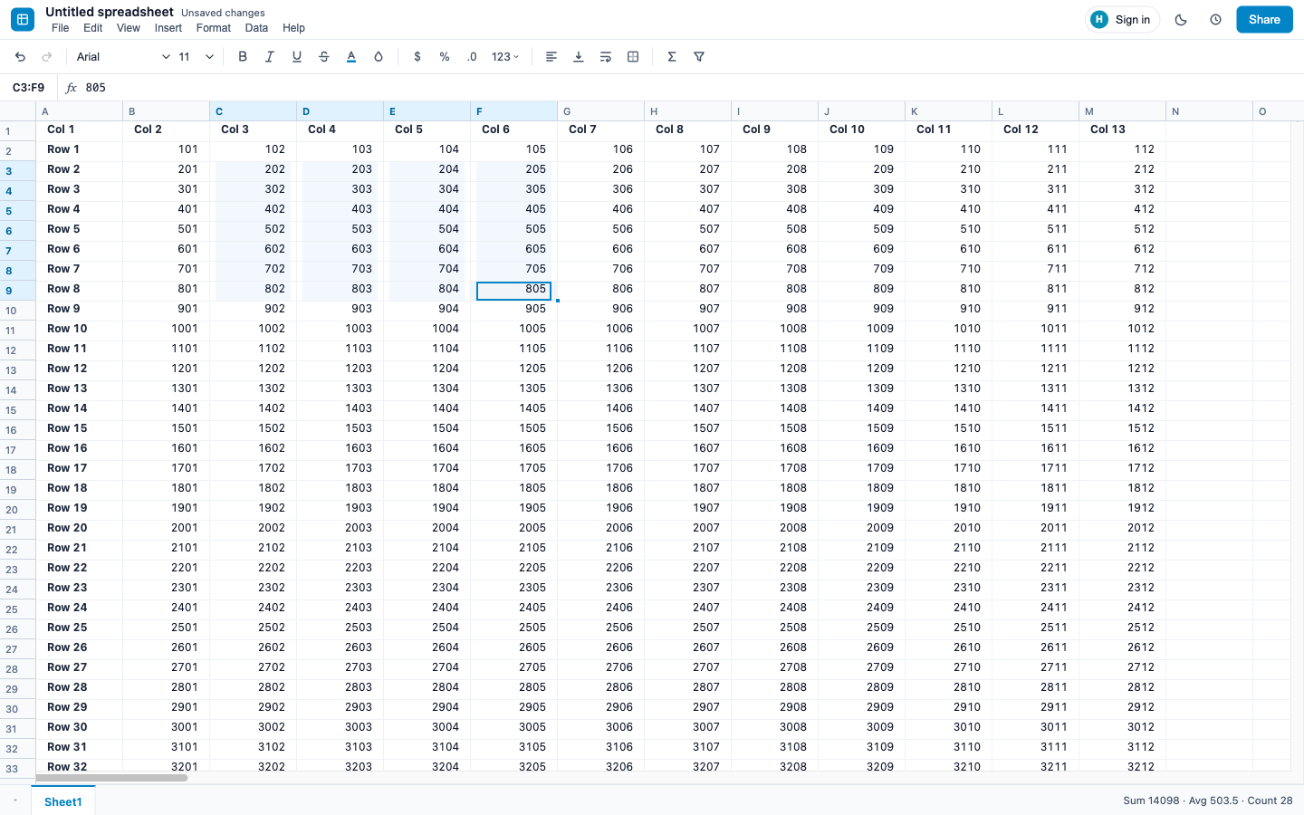 The OpenSheets grid in the demo app, with a formatting toolbar and formula bar above, a sheet of numbers with frozen header rows, and sheet tabs along the bottom.